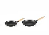 lätt Home Juego de Sartenes Hierro Fundido Antiadherente Aptas para Cocina de Inducción Gas Vitrocerámica Eléctrica Horno Lavavajillas - Mango Madera Clara Removible - Set 2 Diámetros 24-28 cm