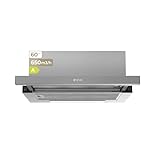 EVVO Campana Extractora Telescópica CE11, Ancho 60 cm, Potencia 650 m³/h, Filtro de Aluminio con 5 Capas, Luz LED, Filtro de Carbón Activo, 2 Velocidades, Eficiencia Energética A, Acabado Inox