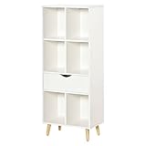 HOMCOM Librería Estantería para Libros con 1 Cajón y Patas de Madera 6 Compartimentos Abiertos de Almacenaje Plantas Archivos para Salón Dormitorio Oficina 50x29,5x120 cm Blanco