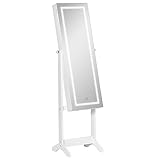 HOMCOM Espejo Joyero de Pie Armario de Joyería con Tira de Luces LED y Cerradura Magnética Organizador de Joyas con Estantes Ranuras para Anillos 46x36,5x151,5 cm Blanco