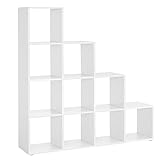 VASAGLE Librería con 10 Cubos, Estantería para Libros con Compartimentos Abiertos, Decoraciones, Fotos, Plantas, Salón, Dormitorio, Estudio, 29 x 129,5 x 129,5 cm, Blanco Nube LBC10WTV1