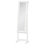 HOMCOM Espejo Joyero de Pie Armario de Joyería con 16 Luces LED y Ángulo Ajustable Organizador de Joyas con Estantes Ranuras para Anillos 36x30x136 cm Blanco Cálido