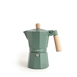 CREATE / THERA MOKA RETRO/Cafetera italiana verde sage 450 ml/Capacidad de 9 tazas, fabricada en aluminio, válvula de seguridad, apta para gas, cocina eléctrica o vitro