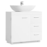 VASAGLE Mueble Bajo Lavabo, Armario de Baño, 3 Cajones, 2 Compartimentos Detrás de la Puerta, Apto para Lavabos con Pedestal, con Pies, 30 x 70 x 64 cm, Blanco Nube BBK504W01