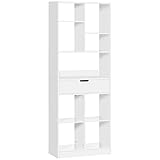 HOMCOM Estantería para Libros Librería con Cajón y 9 Compartimientos de Almacenamiento Librería Estantería para Salón Oficina Estudio 60x26x158 cm Blanco