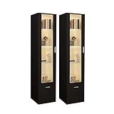 Sossiyule - Juego de 2 vitrinas LED con puerta y estantes de cristal, luces para armario de almacenamiento, para salón de oficina, 42 x 30 x 160 cm, color negro