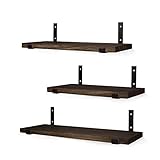 WONOSS Estanterias Flotantes de Madera, Estantes Rústicos, con Soportes de Metal, Estanteria Flotante para Colgar en la Pared de Habitación, Salon, Cocina, Acabado Quemado, Marrón Oscuro, Set de 3