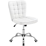 Yaheetech Silla de Oficina sin Reposabrazo Silla Oficina Tapizada de Cuero PU Silla con Ruedas Silla Ergonomica Base Metal Blanca