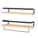 T-LOVENDO.ES Baldas Pared, Estantes de Pared, Juego de 2, Flotante, de Madera, 42 cm, Marco de Metal, Colgante, con Toallero, Barra para Trapos, para Dormitorio, Cocina, Baño, Sala de Estar