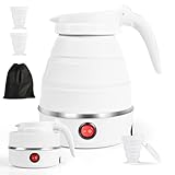 Tetera Electrica Plegable, Hervidor de Agua Portátil para Camping 600ML, Hervidor de agua plegable, mini hervidor de silicona para viajes, senderismo, exterior, camping (Blanco)