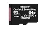 Kingston Canvas Select Plus Tarjeta microSD, garantía por vida con el fabricante, SDCS2/64GB Class 10 con Adaptador SD, Negro