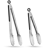 Hotec Pinzas de Cocina de Acero Inoxidable Mango de Silicona, Juego de 2 – 23cm, 30,5 cm, Pinzas de Metal de Bloqueo Para Alimentos con Agarre Antideslizante