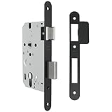 Amig - Cerradura de Embutir para Puertas de Madera | Con Paletón de Cierre | Frente y Soporte en Canto Redondo | Entrada de 50 mm | Picaporte reversible | Acero | Negro Mate | 230 mm