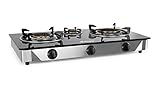 Orbegozo FO 3520 Hornillo A Gas, 2 Quemadores De Triple Corona, Gas Butano O Propano, Encendido Piezoeléctrico, Superficie De Cristal Templado, Cuerpo Inox