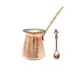 Cafetera turca de 5 tamaños, cafetera griega árabe, gruesa de 3 mm, maciza martillada, hecha a mano, de cobre grabado Cezve Ibrik Briki con mango de madera y latón largo para 2-8 tazas (2 tazas)