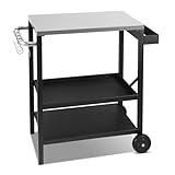 ISOISL Carro de barbacoa regulable en altura, mesa de barbacoa con 3 estantes, 6 ganchos, asa y estante para especias, carrito de cocina al aire libre con ruedas, mesa de acero inoxidable para jardín,
