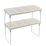 moorg Estantes de cocina para ahorrar espacio, juego de 2 estantes organizadores de cocina dispensa, estante de cocina apilable de plástico con patas de metal, 30 x 14 x 16 cm, blanco