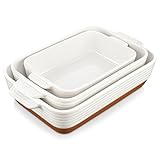 MALACASA Serie TARA, Set de 3 Fuentes de Horno de Gres con Asas, 3800ml, 2700ml y 1450ml, Ideal para Lasañas, Gratinados, Asados y Verduras al Horno, Blanco Vainilla con Esmalte de Sésamo y Caqui
