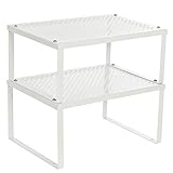 SONGMICS Especiero, Estante para Especias, Organizador para Armarios, para Mostradores, Elevador de Estantes, Apilable, Ampliable, Juego de 2 Estantes Metálicos para Cocina, Blanco KCS01WT