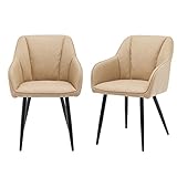 LEMROE Juego de 2 sillas de comedor acolchadas de piel sintética con respaldo y brazos, sillón de recepción vintage con patas de metal para sala de estar, restaurante (piel sintética crema, 2 piezas)