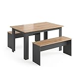 Vicco Set de Mesa de Comedor Sentio, Antracita/Roble Dorado, 90 x 140 cm con 2 Bancos