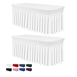 BDDC Faldones de mesa para mesas rectangulares de 1,8 m, color blanco, de una pieza, para mesas de 6 pies, resistente a las arrugas, con volantes, mantel elástico y falda de mesa para banquetes, bodas