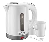 Russell Hobbs Hervidor de Agua Eléctrico Travel - 0,85 litros, 1000 W, Hervidor de Viaje, 2 Tazas y Cucharas, Filtro Extraíble, Indicador del Nivel de Agua, Plástico, Blanco - 23840-70