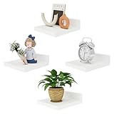 IBUYKE Estante flotante pequeño, estante de pared de madera, juego de 4, estantes de exhibición, estante colgante para dormitorio, baño, cocina, blanco, RF-GB505W-4