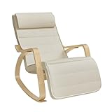SONGMICS Silla Mecedora, con Apoyabrazos de Madera de Abedul, Silla Mecedora con Reposapiés Ajustable en 5 Posiciones, Máx. Carga de 150 kg, Dormitorio, Salón, Beige y Natural LYY10M
