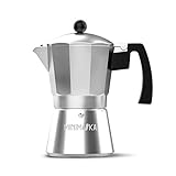 Minimoka 9 - Cafetera italiana, 9 tazas, base y filtro de acero inoxidable, mango ergonómico, válvula de seguridad, cierre de silicona para mayor seguridad, apta para: vitro, eléctrica y gas