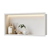 Neohomee Nicho de ducha de pared de acero inoxidable con luz LED, nicho de ducha empotrado, estante individual blanco para almacenamiento para baño, 60 x 30 cm