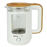 JOCCA - Hervidor de Agua Eléctrico de 1'8 Litros, Línea Nature/Calienta rápidamente/Base Giratoria 360º/ Desconexión Automática/Diseño moderno y Elegante/Cristal Borosilicato (Blanco)