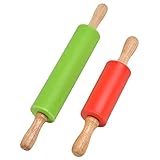 Rodillo de Amasar 2Pzs Rodillos de Silicona con Mango de Madera, Rodillo de Silicona Antiadherentes, Rodillo de Amasar de Silicona para Hornear, Rodillo para Repostería, Pizza, Galletas, Pastelería