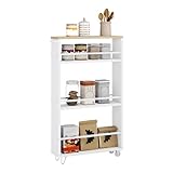 WOLTU Carrito de Cocina con 3 Niveles, Carro Auxiliar Cocina con Ruedas, Estanteria Estrecha de Almacenamje de Cocina en Madera y Metal, con Frenos y Asa, 47x13x80 cm, Blanco+Roble Claro
