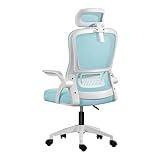 Silla de Oficina, para Gaming, Escritorio Ergonómica con Reposacabezas, Ajustable y con Soporte Lumbar | Respaldo de Malla Transpirable | Reposabrazos Abatibles de 90° | Giratoria 360° (Azul)