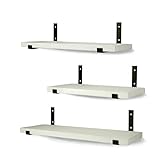 WONOSS Estanterias Flotantes de Madera, Estantes Rústicos, con Soportes de Metal, Estanteria Flotante para Colgar en la Pared de Habitación, Salon, Cocina, Pintado de Blanco, Set de 3