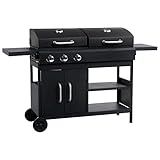 vidaXL Barbacoa Combinada de Gas y Carbón BBQ Parrilla Cocina Portátil con Fuego y Hornilla Grill con 3 Fogones con Mesitas de Acero Color Negro