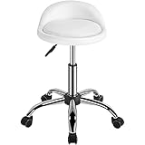 Yaheetech Taburete Redondo Giratorio Cuero PU para Oficina Silla Oficina con Ruedas Altura Ajustable Silla de Trabajo Blanco