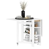 HOMCOM Mesa Plegable con Alas Abatibles Mesa de Comedor Plegable Mesa de Cocina con 2 Ruedas y Estantes Estilo Moderno 120x60x75 cm Blanco