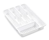 Cubertero para cajón con 4 o 5 compartimentos con agujeros LIBRE BPA, organizador cubiertos con compartimentos apto lavavajillas, separadores de cajones para cocina 32cm (5compartimentos, Blanco)