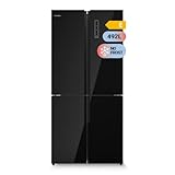 UNIVERSALBLUE Frigorífico Americano Negro 4 Puertas | Nevera Cristal Negro 492L | Refrigerador con Congelador Control Táctil y No Frost | Clase E | 182cm Alto