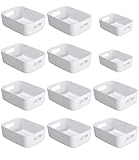 12 Cajas Almacenaje Plastico,Organizador Cajones,Cestas Almacenaje,Cajas Organizadoras de Plástico con Asas para Escritorio,Oficina,Cosmético,Baño,Juguetes (2 Tamaños) (Blanco)