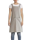 FBBULES Delantal de Cocina con Bolsillos Algodón Lino de Color Sólido Japón Estilo Delantales Pintura Horneando Trajes de Trabajo para Hombres Mujeres Cocinar y Jardineria,Caqui