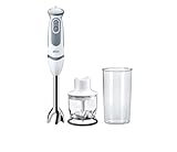 Braun Hogar Batidora de mano, 21 velocidades y función turbo, anti-salpicaduras, Powerbell Plus, 2 accesorios (mini-picadora 350 ml, vaso medidor 600 ml), Blanco, 1000 W