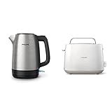 Philips Daily HD9350/90 Hervidor de Agua, 2200 W, 1.7 Litros, Inox + Daily HD2581/00 -Tostador 830 W, Doble Ranura, Color Blanco