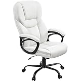 Yaheetech Silla de Oficina de Piel Sintética con Respaldo Alto Ergonómico Soporte Lumbar Altura Ajustable Silla de Escritorio Base de Metal Resistente Blanco