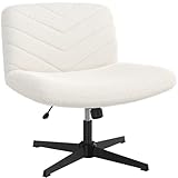 Yaheetech Silla de Oficina sin Reudas, Silla Piernas Cruzadas con Función Mecedora, Ancha Sila de Escritorio para Juegos, Silla de Maquillaje sin Brazos para Casa, Marfil