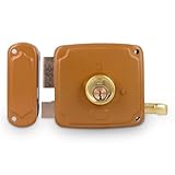 Amig - Cerradura de Sobreponer de Izquierda con Palanca de Cierre, Lengüeta y Tirador - Acero Dorado - Medida: 100 x 95 mm - Ideal para Puertas de Madera de Entrada o de Paso