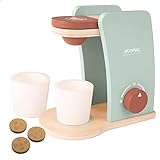 WOOMAX 49545 - Cafetera de juguete de madera para niños con accesorios / Incluye 2 tazas y 3 cápsulas de café / Accesorios de cocina para niños y niñas / Electrodomésticos de juguete