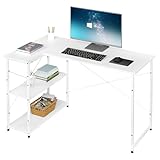 Klihome Mesa Escritorio Forma L,120x50 cm, Escritorio de Ordenador con Estanteria Lateral de 2 Estantes, Mesa de Trabajo Esquinera, Escritorio PC de Estructura Metálica, Blanco